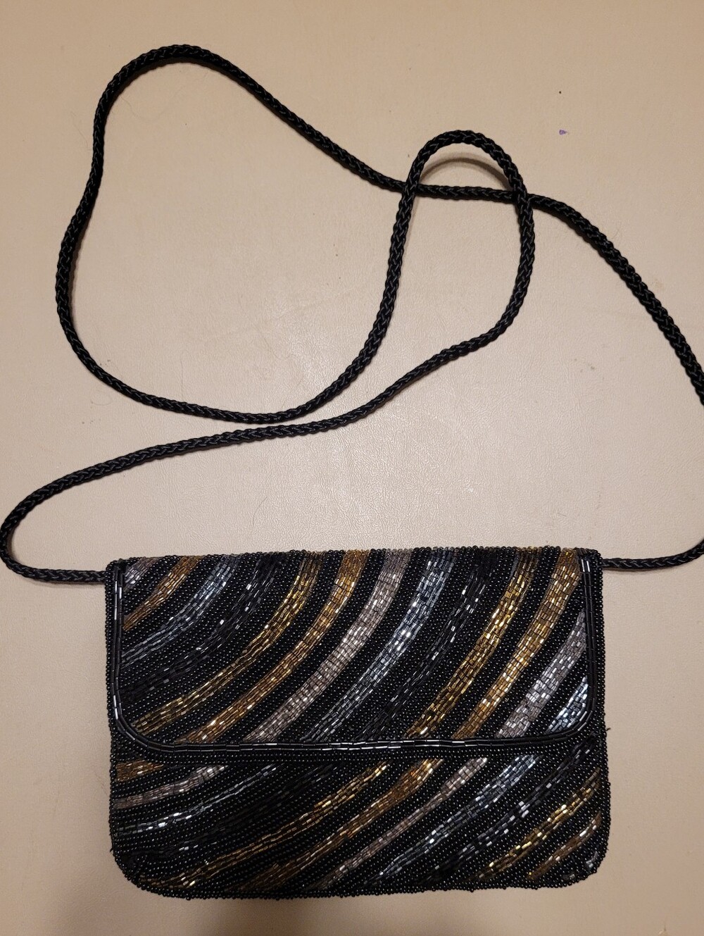Black Beaded Evening Bag with Gold & Silver Accents.